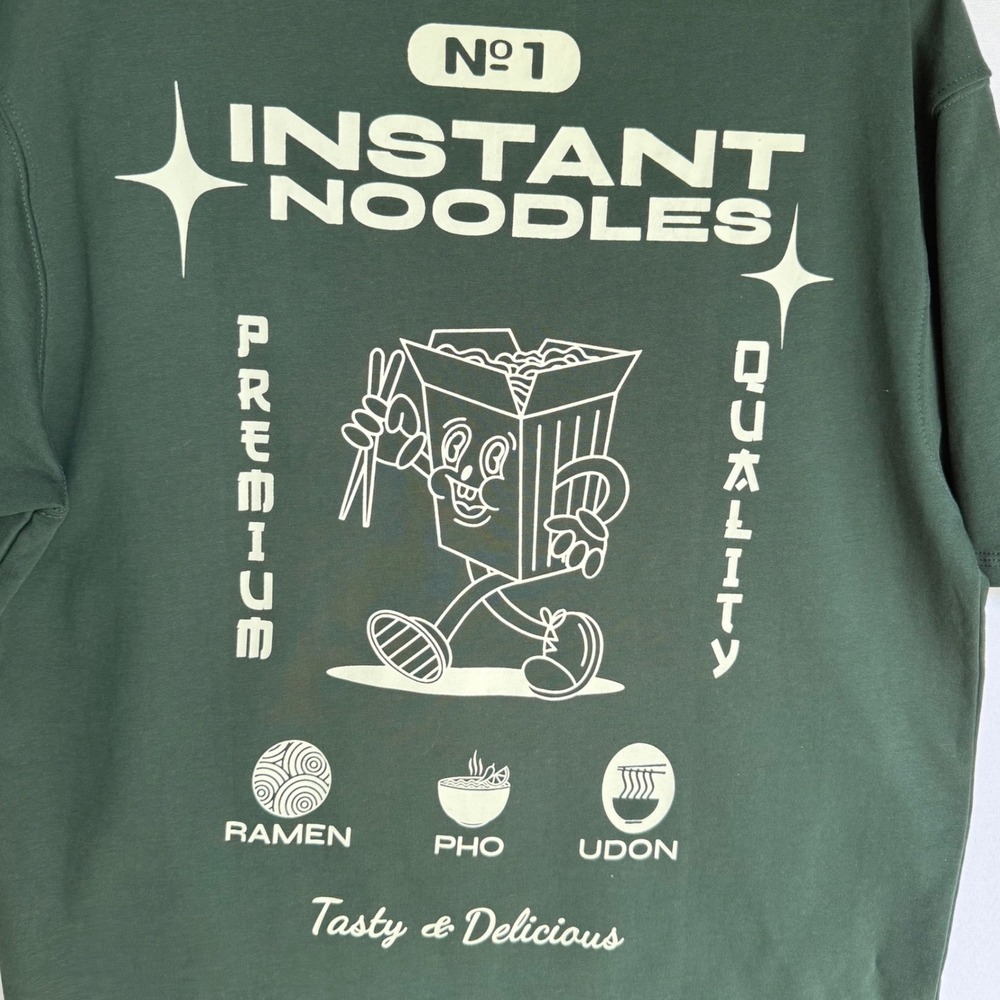 Free Planet Mens Green Relaxed Fit Graphic Tee‎ Instant Noodles Pho Udon Size M